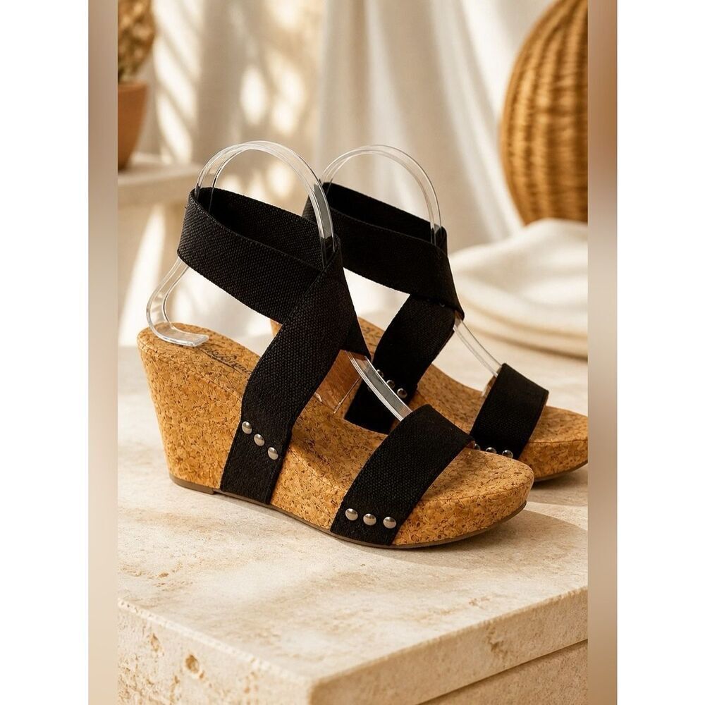 LUCKY BRAND 4” CORK WEDGE ANKLE STRAP IN BLACK SIZE 9.5 GUC